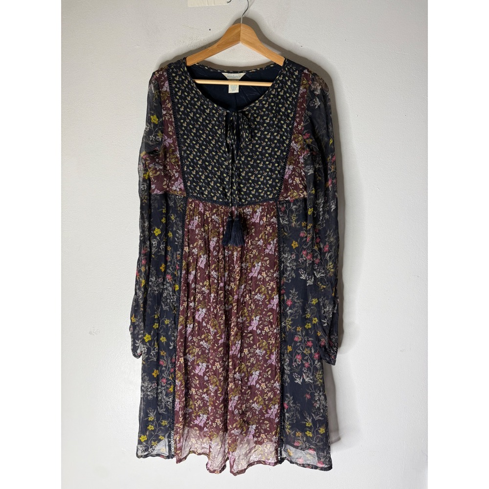 Sundance Mixed Floral Patchwork Mini Dress Long Sleeve Tassel Boho Navy S
